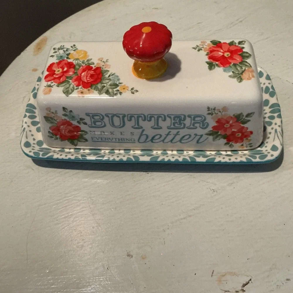 The Pioneer Woman Butter Dish with Lid Floral Rose Red‎ Knob Farmhouse Kitchen